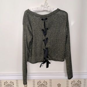 THE Edit Cropped Sweater Top Juniors L Gold Sparkly Lace Up Back Black Ribbon
